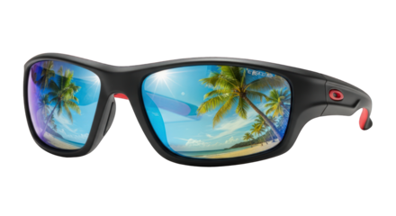Sunglasses with beach reflection on transparent background