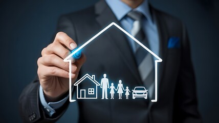 Businessman draws a house family and car within a protective outline