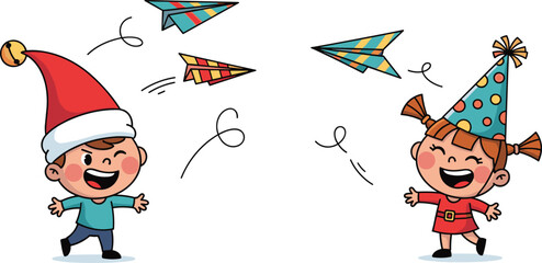Happy boy and girl throwing colorful paper airplanes wearing Christmas hat and party cap in festive holiday vector illustration background.