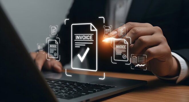 Business person using laptop and digital invoice with checkmark, representing financial document management and online accounting services