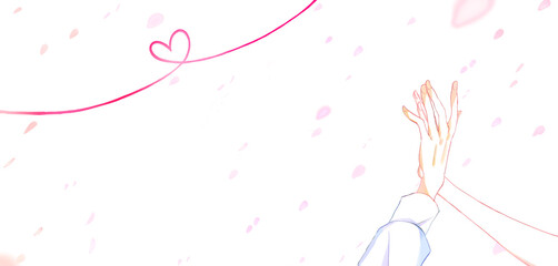 重なり合う男女の手　桜吹雪　赤い糸