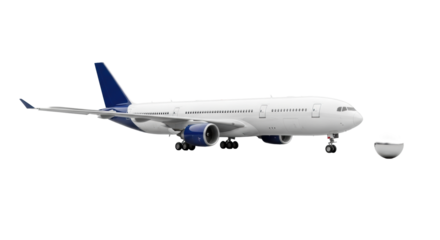 A sleek white wide-body passenger jet with deep blue accents and a polished chrome sphere on a seamless transparent studio background, 45-degree eye-level shot, commercial product concept