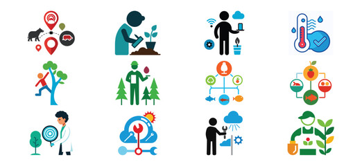 Fototapeta premium Collection of flat icons representing smart farming agriculture technology and sustainable practices