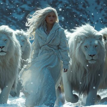 Majestic woman in flowing white gown walking through snow surrounded by powerful white lions in magical winter landscape.
