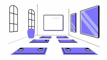 A wellness studio within the community center equipped with large mirrors and digital screens projecting fitness class schedules and health tips.