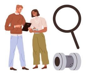 Two colleagues discussing data on a tablet, accompanied by a magnifying glass and telescope, symbolizing teamwork, research, discovery, problem-solving, management, planning and learning. A simple