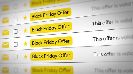 Black Friday Offer email notifications scrolling on the screen, 4k animation. Sale, ecommerce, festival, shopping