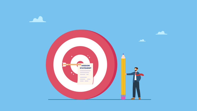 Businessman with pencil writing mission statement. Writing company mission statement, strategy or value to achieve business goal, mission, vision and value, motivation or purpose, objective.