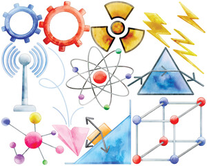 Watercolor Science Clip Art Set Physics Chemistry Atom Molecule Radiation Symbol Gear Lightning Prism Paper Airplane Illustration School Education Study Laboratory