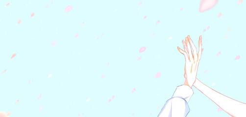 重なり合う男女の手　桜吹雪