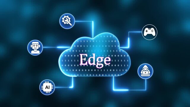 Neon Blue Cloud Computing Diagram with Edge and Icons for Security, Communication, and Growth Edge computing