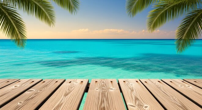 Parte superior de una mesa de madera con paisaje marino y hojas de palma, luz bokeh borrosa del mar en calma y el cielo en el fondo de la playa tropical.