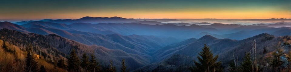 Obraz premium Great Smoky Mountains Winter. Sunset Panorama of Blue Ridge Mountains in Orange Glow