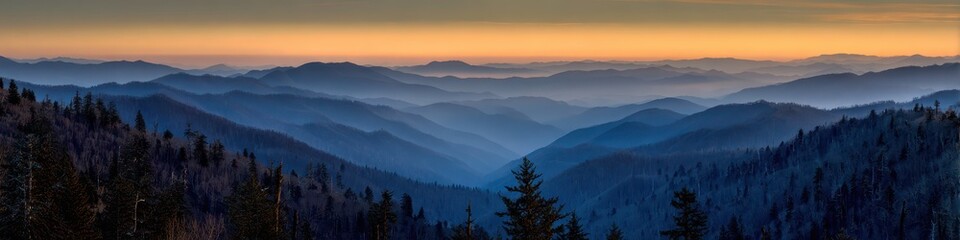 Great Smoky Mountains Winter Sunset Panorama - Blue Ridge with Orange Glow © Vlad