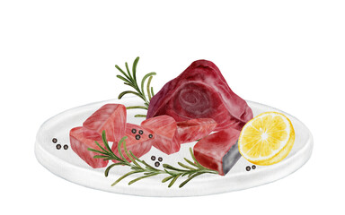 Tuna fillet on a plate with lemon and spices watercolor. Hand-drawn ocean fish on a white background. Food clip art. Perfect for restaurant menu recipe books and Japanese cuisine.