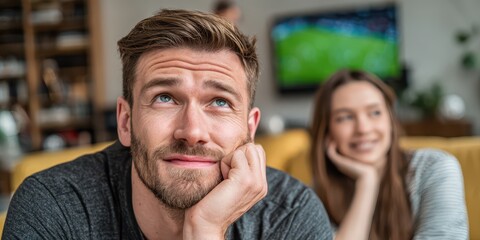 Naklejka premium Guy Bored Watching Sports. Young Man Emotionally Reacting to Football on TV at Home, girlfriend extremely bored on couch