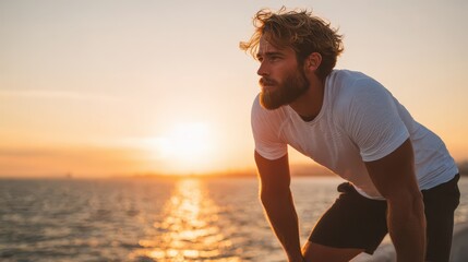 Guy Bending Down. Caucasian Athlete in Sportswear Stretching and Resting Outdoors
