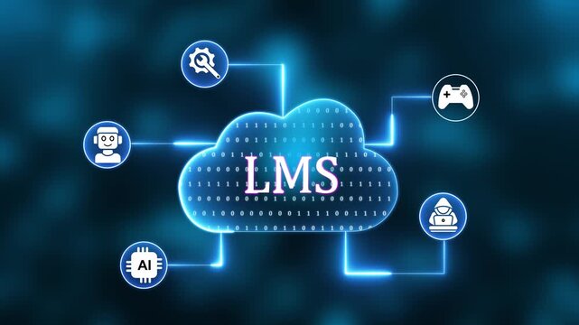 Cloud Computing LMS Network with Icons for Security, Communication, and Growth technology data