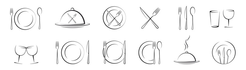 Elegant line art tableware and dining utensils set isolated on transparent background