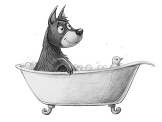Dog in a bathtub with bubbles and a bird isolated on transparent background illustration