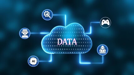 Glowing Neon Cloud Network with Data Icons and Binary Code Background cloud computing technology - Powered by Adobe
