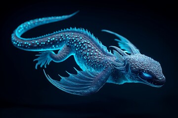 A luminous aquatic creature with bioluminescent scales glides gracefully through the dark, starry ocean, its fins elegantly extended as it moves through the abyss.