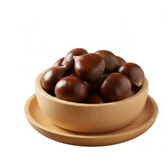 Obraz premium Récolte d'automne, châtaignes et marrons frais de saison frais dans un bol en bois sur table rustique
