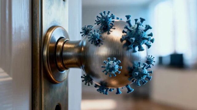 Doorknob covered in coronavirus germs. Concept of virus transmission through contact with contaminated surfaces. Public health and hygiene awareness