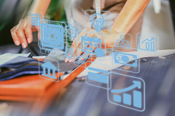 Innovative textile design process showcasing digital tools and fabric samples in a modern workspace