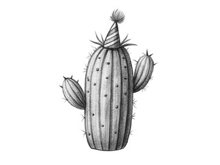 Illustration of a cactus with a party hat isolated on transparent background hand drawn