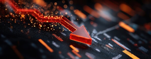 The Red Arrow Pointing Down Over Futuristic Digital Stock Market Interface