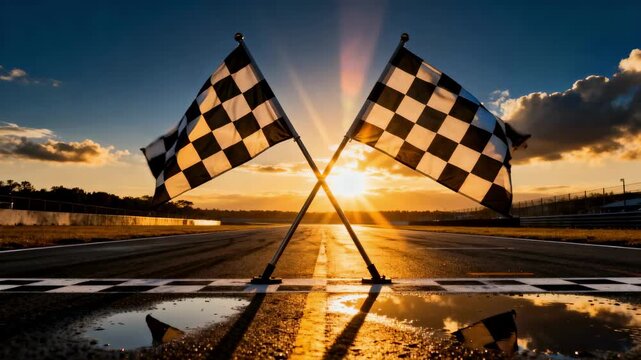 Two crossed checkered flags waving at the finish line of a racetrack at sunset. Concept of motorsport competition, victory, and success.