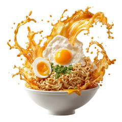 Bowl of ramen noodles with fried egg splash