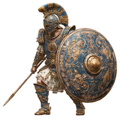 Etruscan infantry with crested helmet, round shield, short spear and patterned tunic