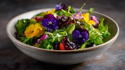 A vibrant salad adorned with colorful edible flowers served in a rustic ceramic bowl