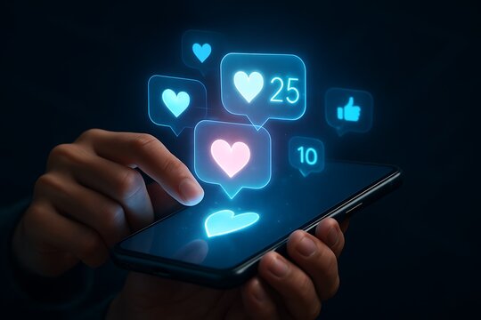 Hand Tapping Glowing Heart Icon on Smartphone for Social Media Likes