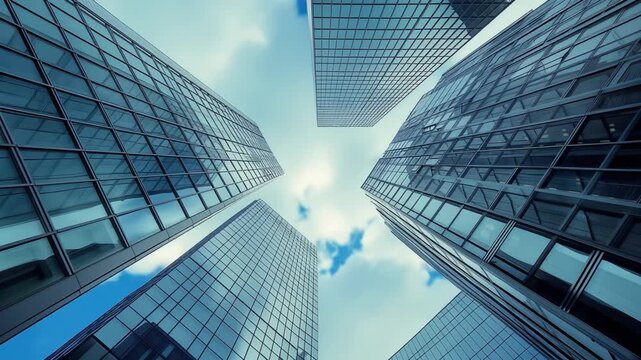 Low angle view of modern glass skyscrapers looking up at the sky