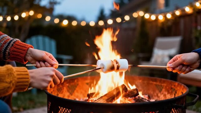 Two people roasting marshmallows on sticks over a fire pit. Cozy autumn evening in a backyard with string lights. Friendship and outdoor fun concept