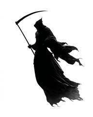Reaper silhouette with long scythe and flowing cloak