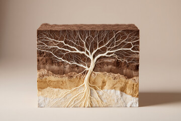 Vibrant cross section reveals intricate tree roots anchoring deep within rich soil layers, symbolizing growth, stability, and natural foundation