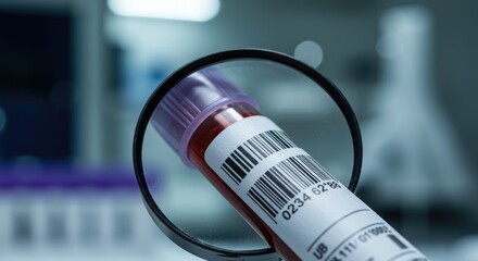 Magnifying glass reveals detailed barcode on medical blood sample tube in sterile laboratory setting