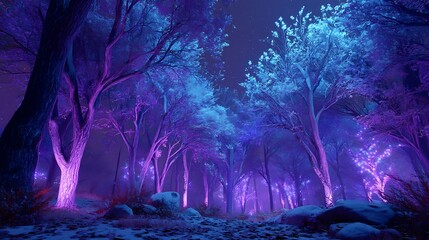 A magical, mystical forest at night, bathed in soft purple and blue lights that dance through the trees, creating an enchanting atmosphere. The quiet whispers of the forest and the gentle glow 