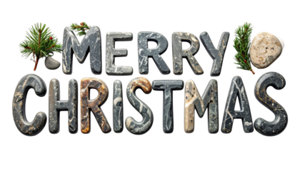 words MERRY CHRISTMAS written with stones, isolated on transparent background.