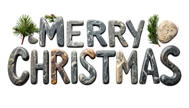 words MERRY CHRISTMAS written with stones, isolated on transparent background.