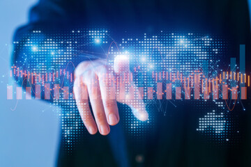 Digital financial data visualization with human interaction showcasing technology and analytics in...