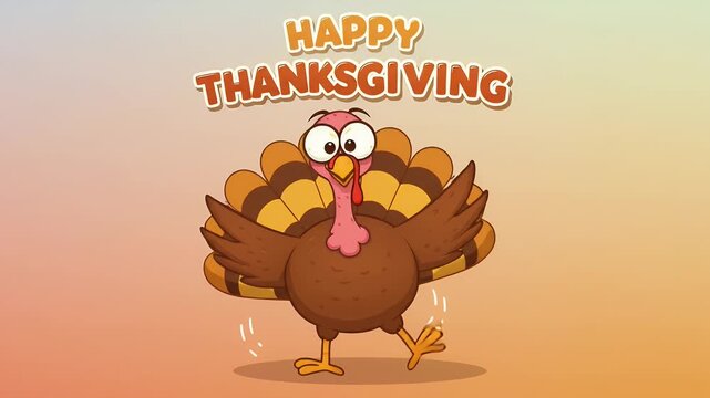 Animated turkey illustration celebrates Thanksgiving with festive text on a warm, gradient background