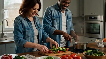 A diverse couple happily prepares a healthy meal together in a bright, modern kitchen.