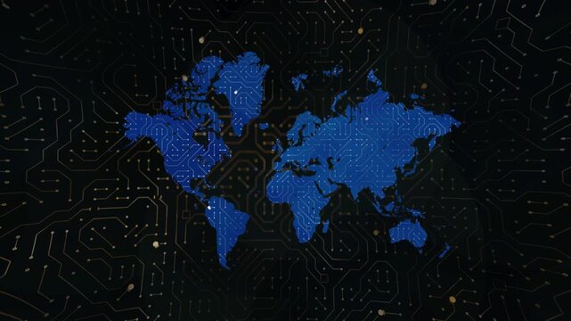 Blue world map overlaying a dark background with illuminated electronic circuit board lines and nodes