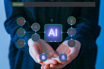 Hands holding a glowing AI symbol connected to various digital icons representing technology and innovation in a modern workspace