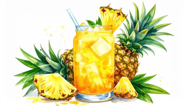Watercolor Illustration of Fermented Pineapple Tepache Drink with Firefly Effect